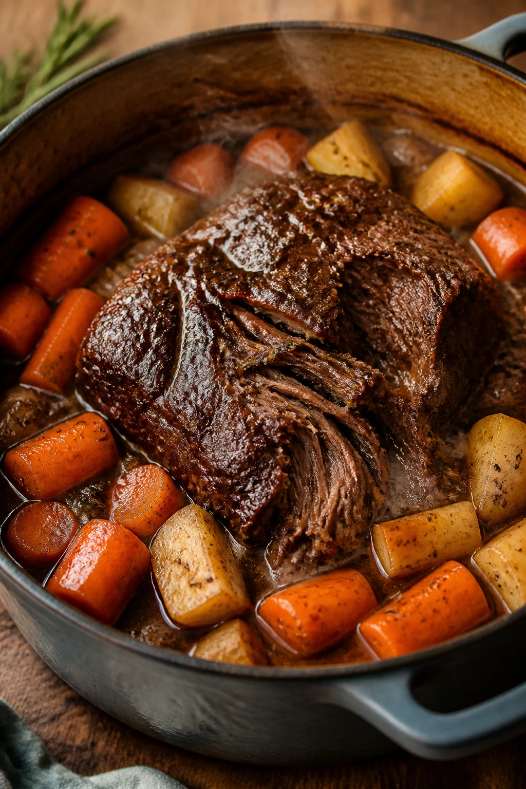 Close-up of slow-roasted pot roast with carrots and parsnips in a Dutch oven.