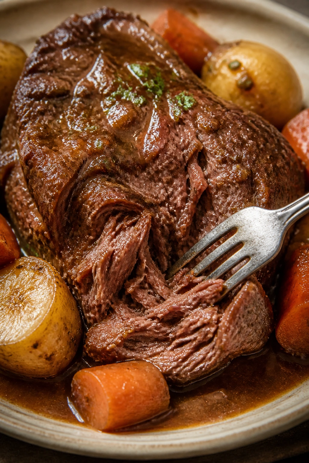 Close-up of pot roast with carrots and potatoes on a plate