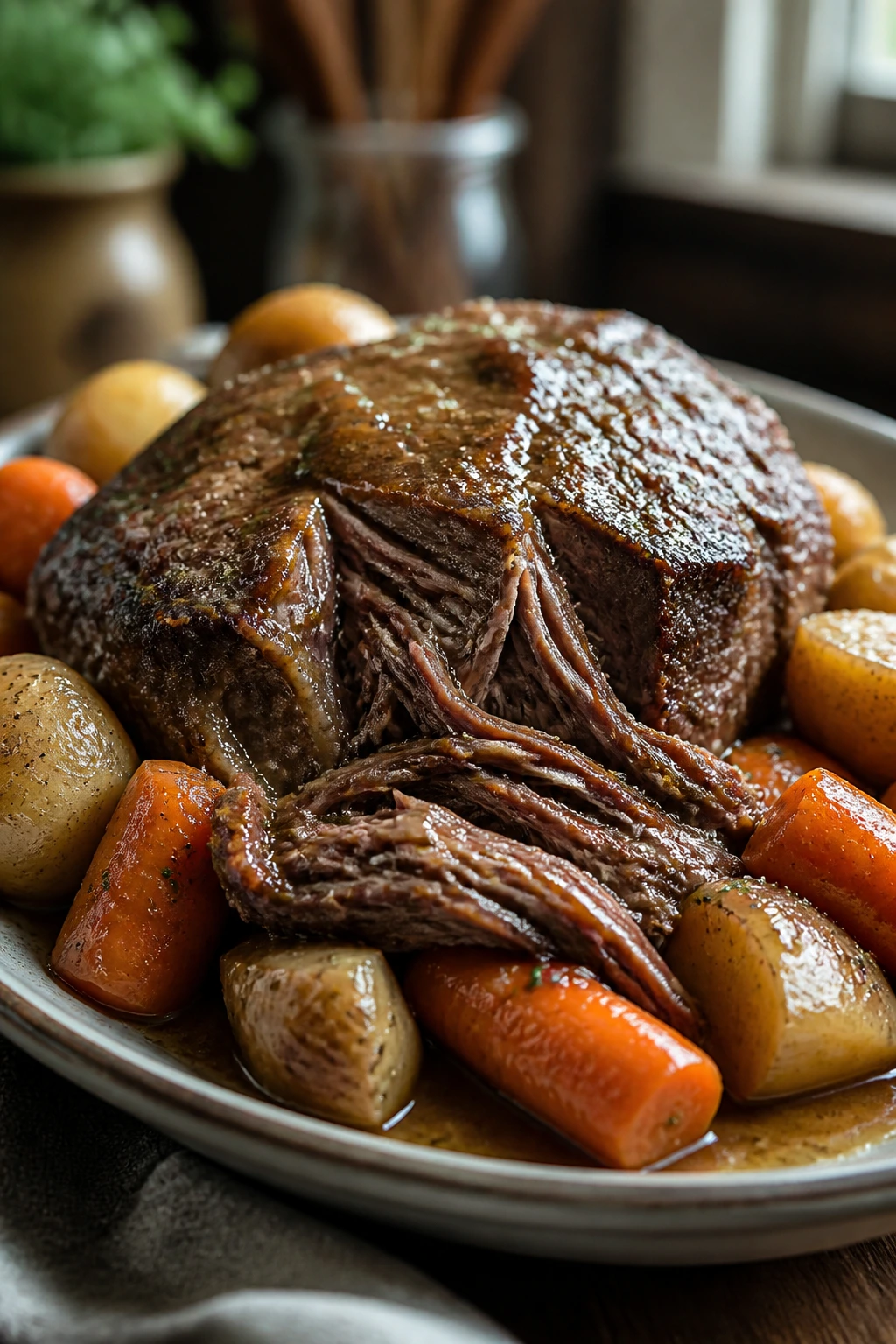 Mississippi pot roast with carrots and potatoes on a platter