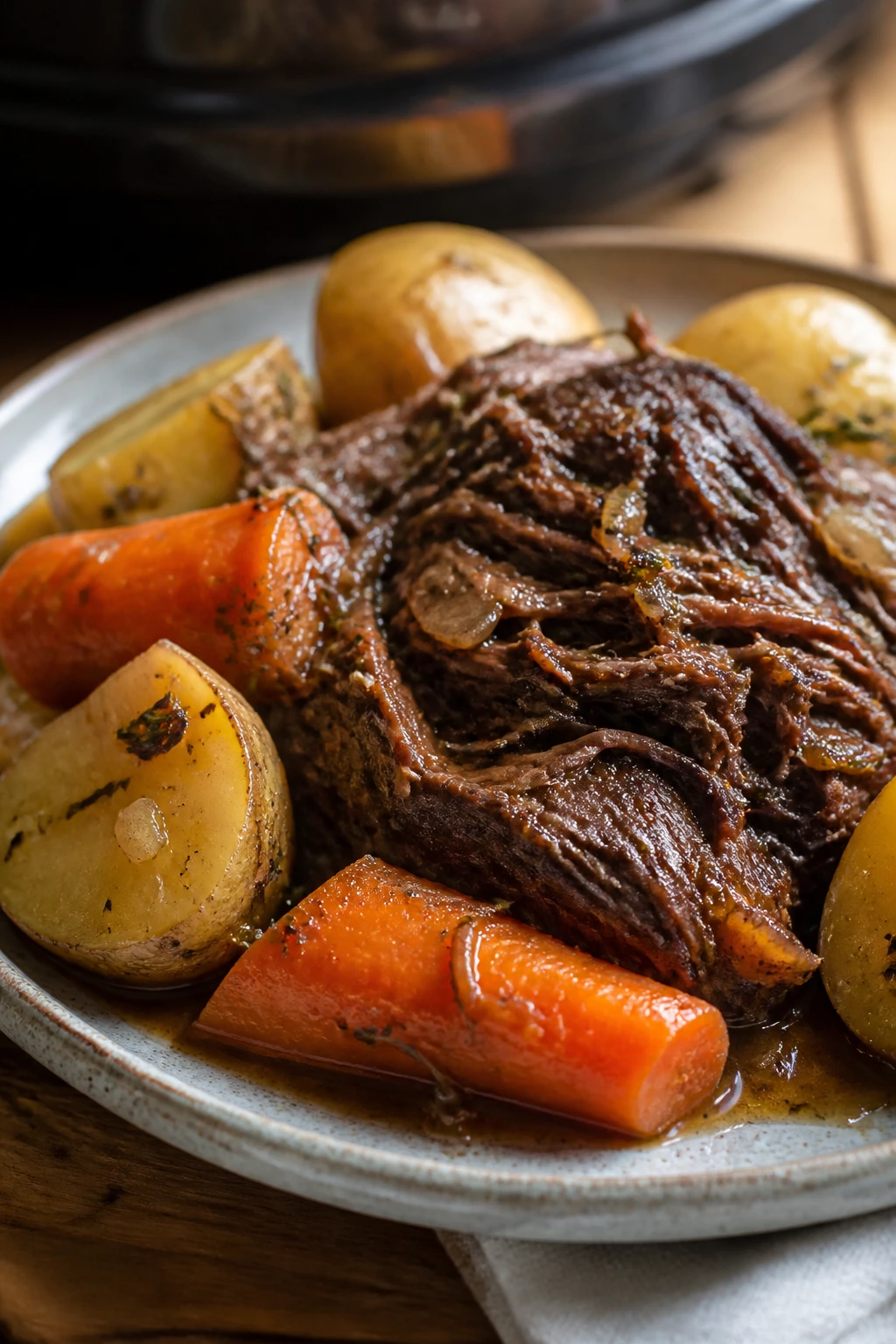 Close-up of pot roast with carrots and potatoes on a rustic plate