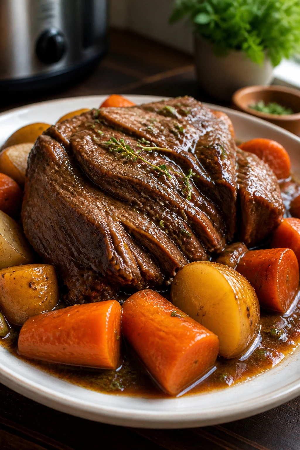Close-up of pot roast with carrots and potatoes in gravy on a plate