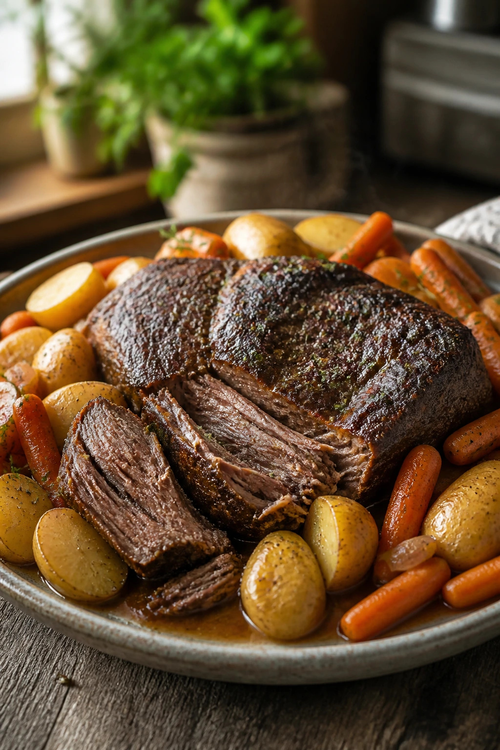 Pot roast with carrots and Yukon Gold potatoes on a rustic plate