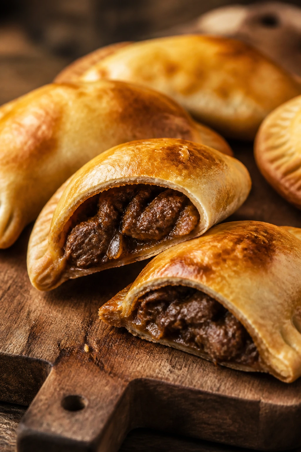 Close-up of golden-brown pot roast empanadas on a wooden cutting board