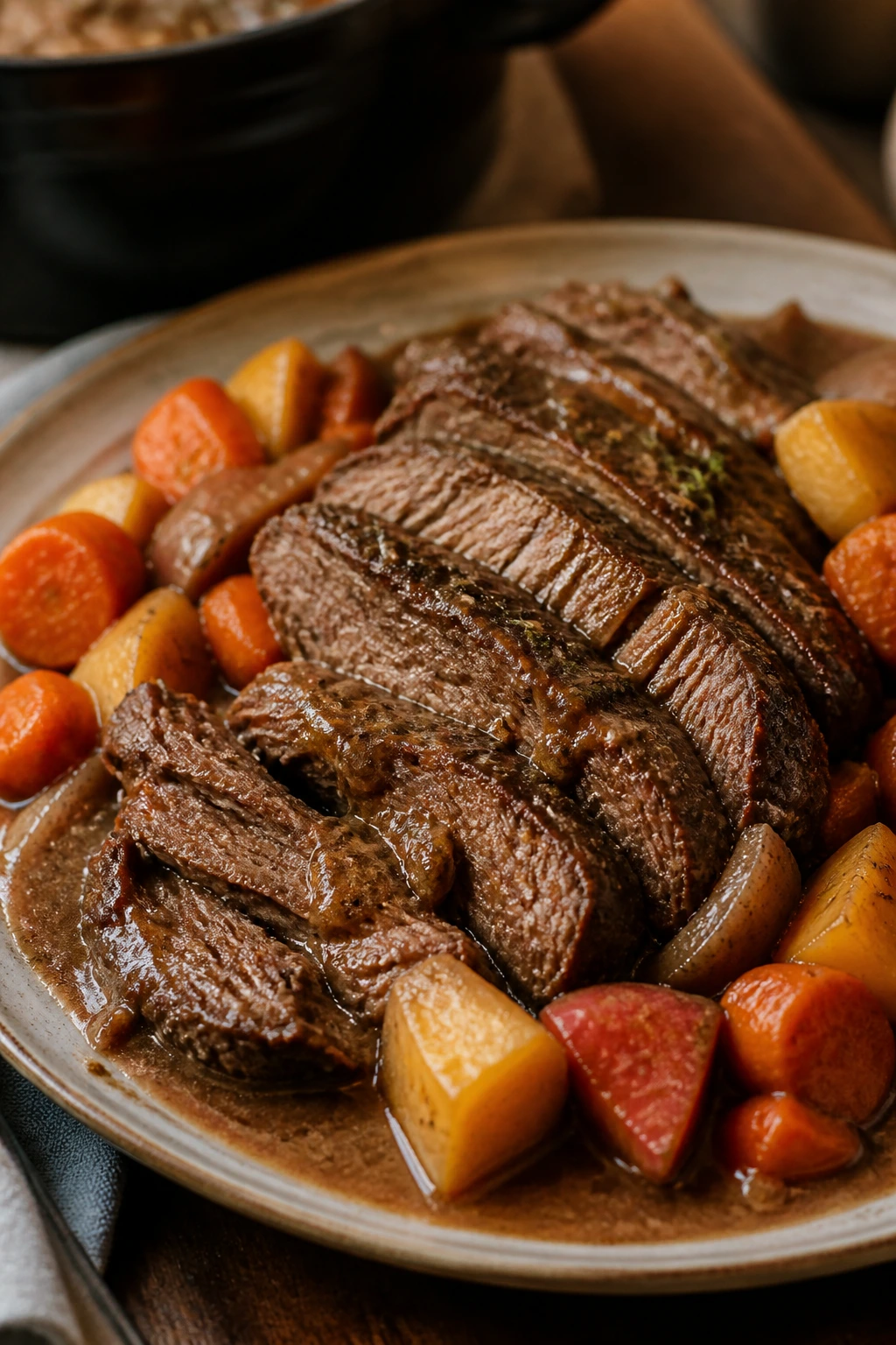 Close-up of pot roast with root vegetables on a rustic plate