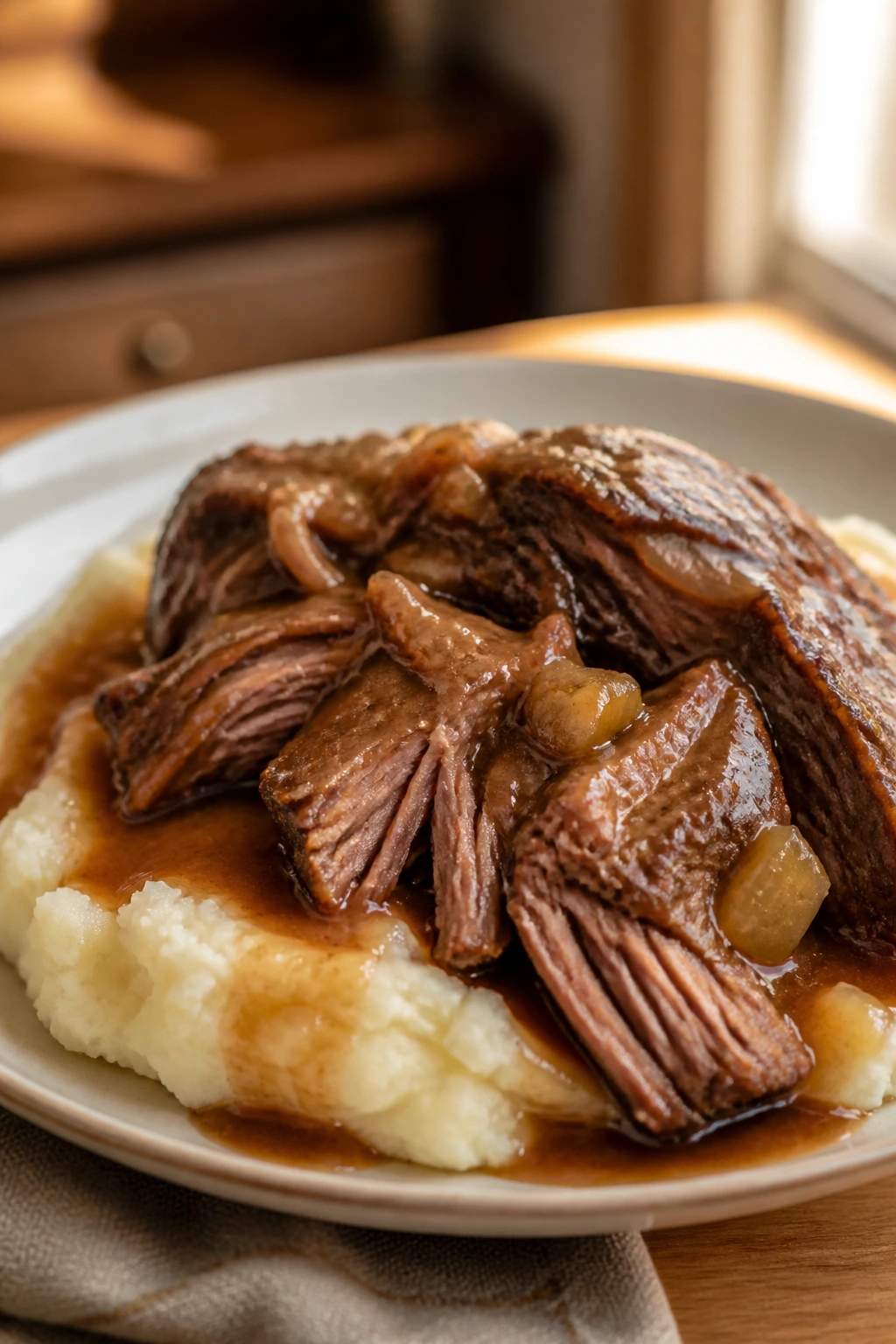 Plate of pot roast with mashed potatoes and gravy in a cozy kitchen
