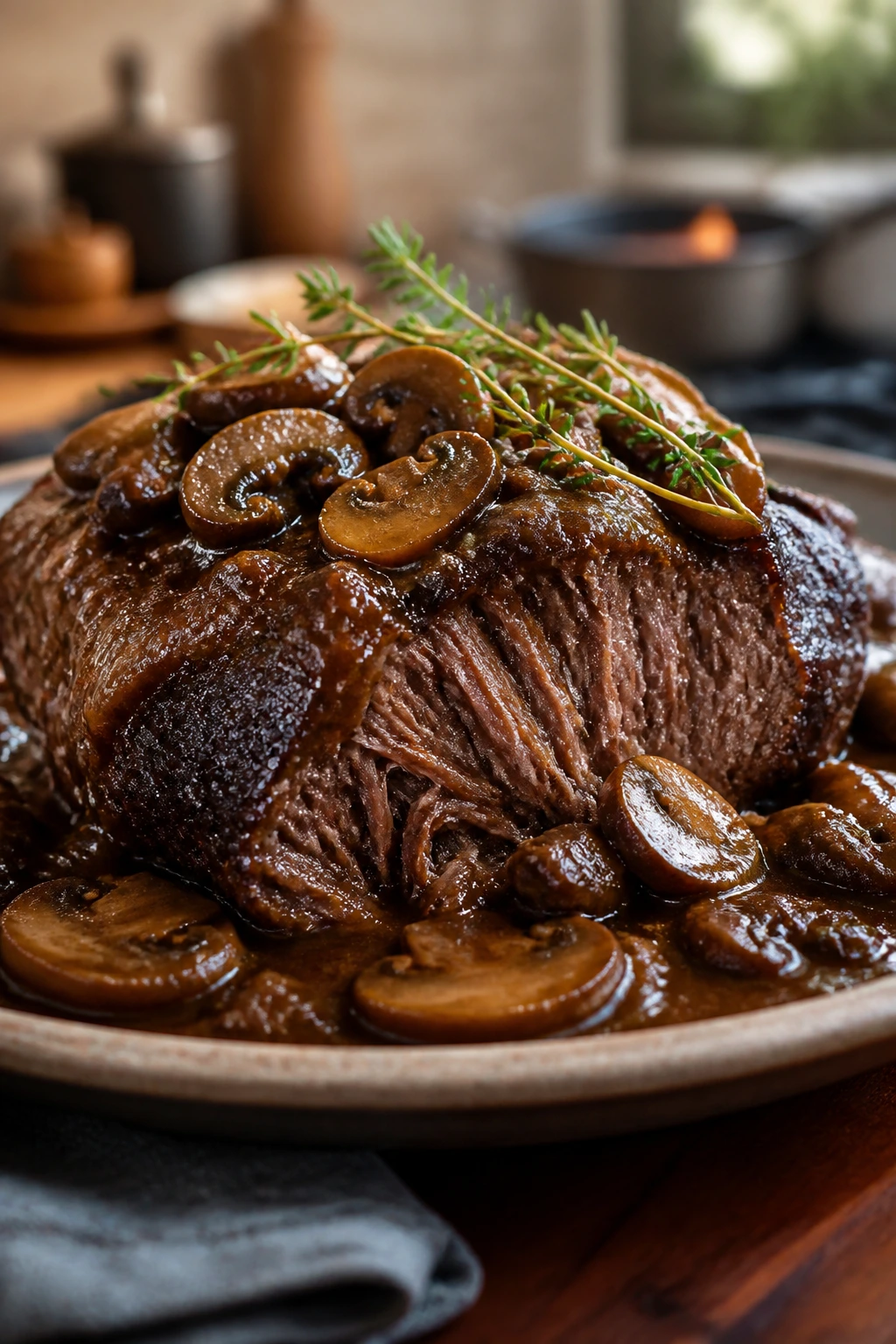 Mushroom and thyme pot roast with mushrooms and thyme on rustic plate