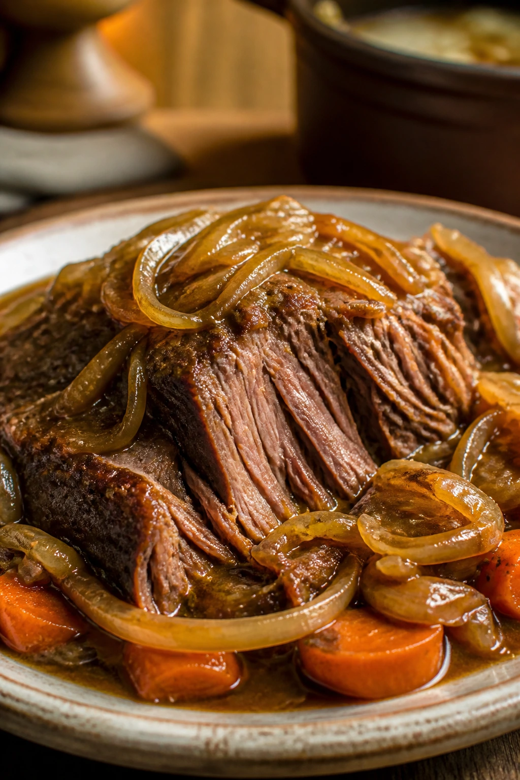 Juicy pot roast with onion gravy, onions and carrots on plate
