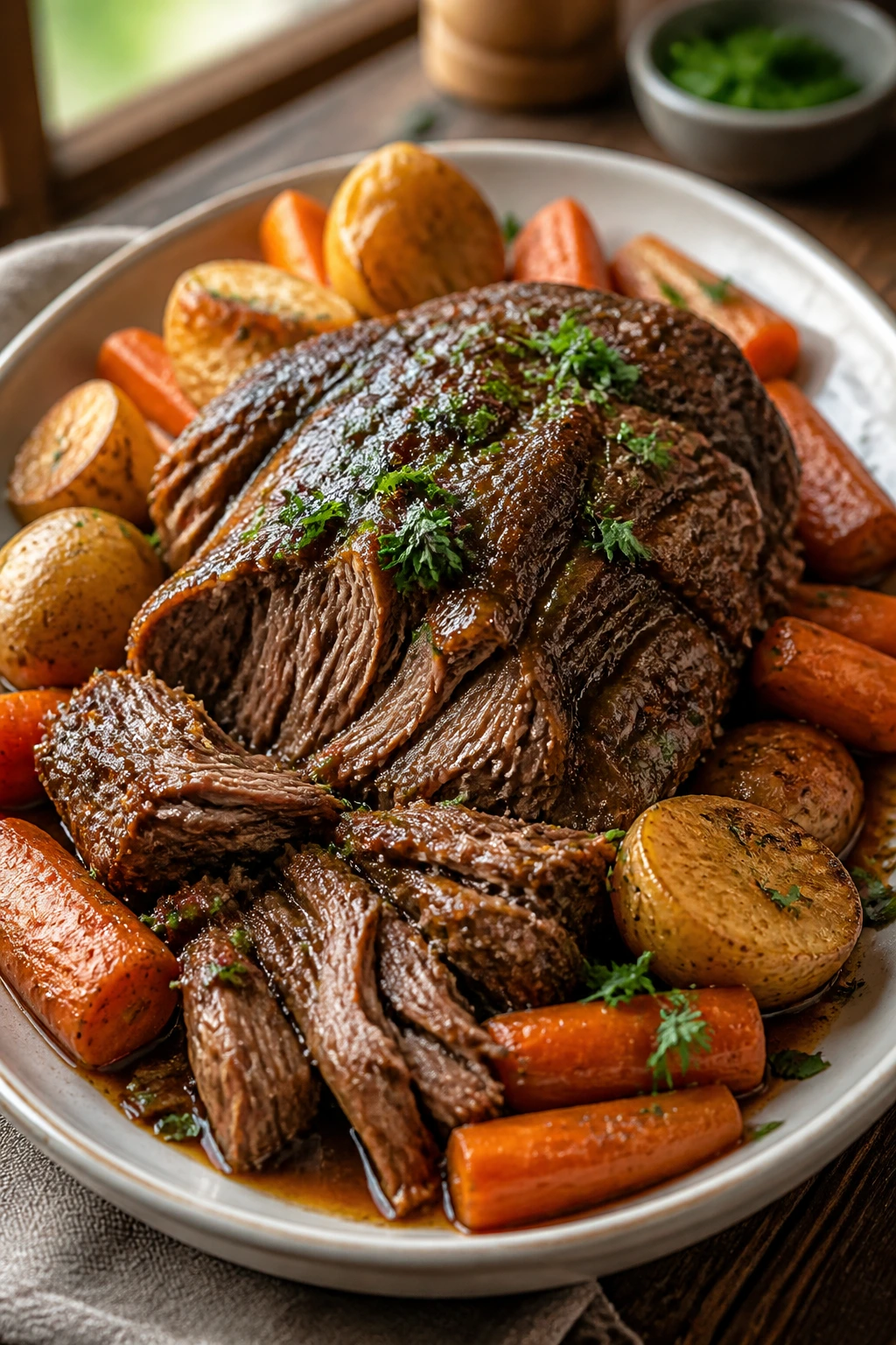 Close-up of pot roast with potatoes, carrots, and gravy on a rustic platter