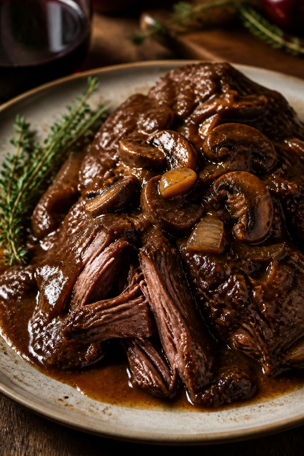 Pot roast with red wine mushroom sauce on plate