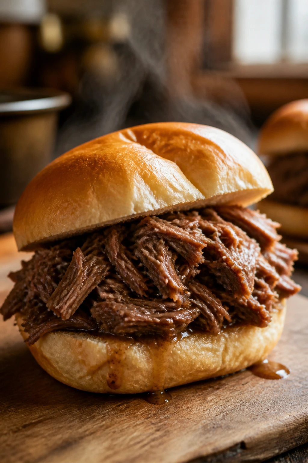 Close-up of shredded pot roast on sandwich rolls with steam in a warm kitchen.