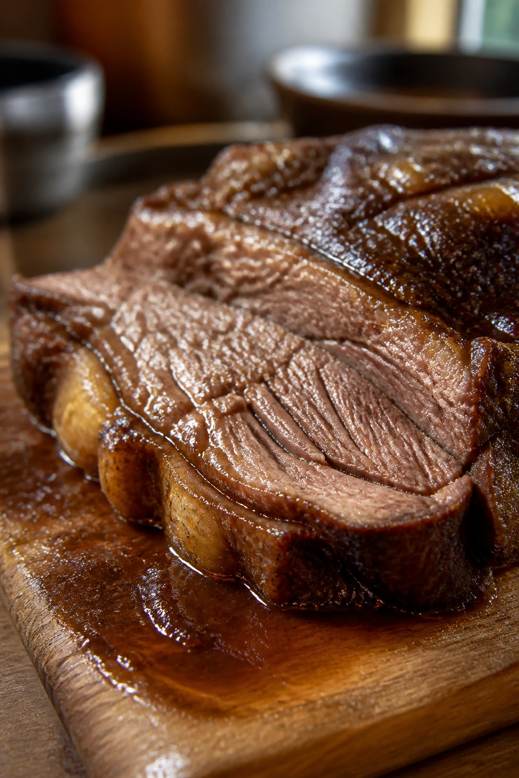 Close-up of juicy pot roast slice with glossy gravy on a wooden board