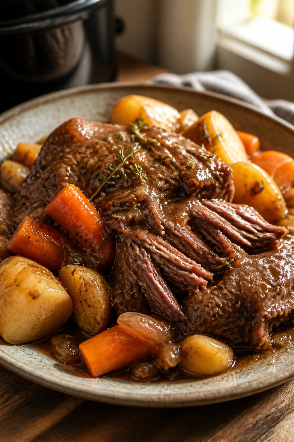 Close-up of fork-tender pot roast with gravy and vegetables on a plate