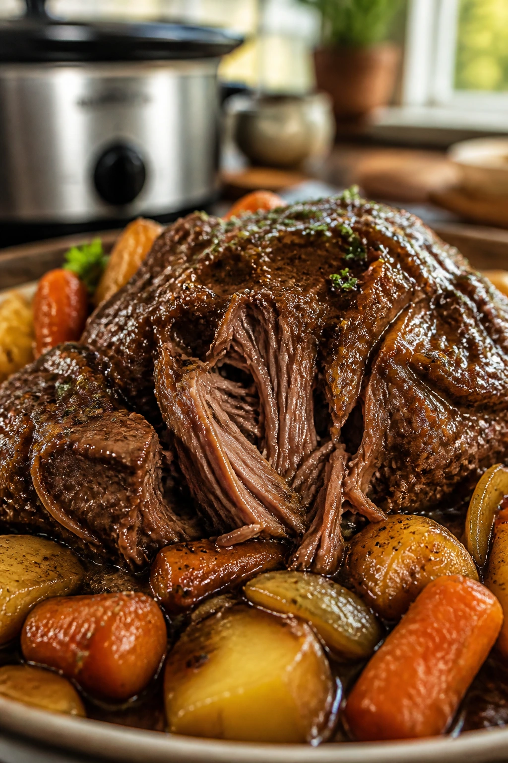 Close-up of tender pot roast with gravy and vegetables in a kitchen