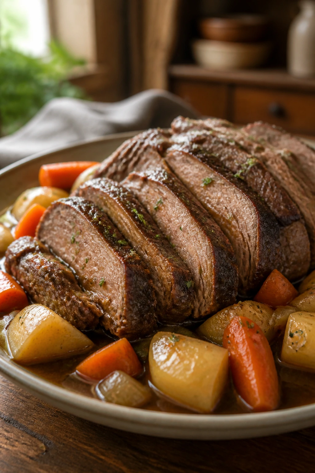 Sliced pot roast with potatoes and carrots in gravy on a wooden table