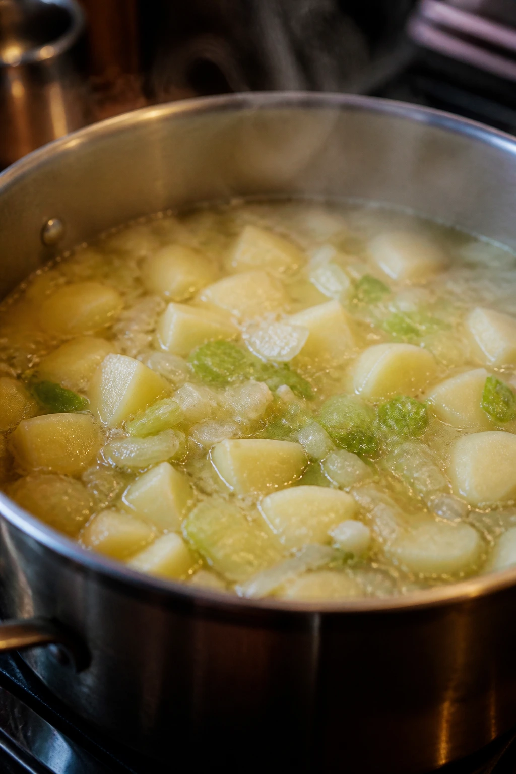 Close-up of a pot simmering on the stove in a cozy kitchen