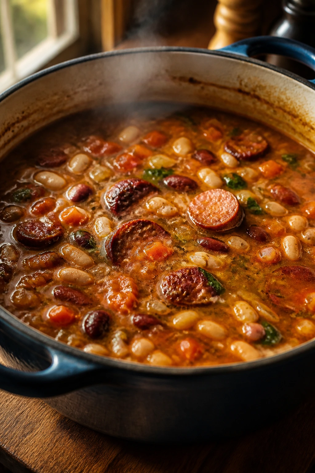 Close-up of a pot of bean and sausage soup steaming in a cozy kitchen