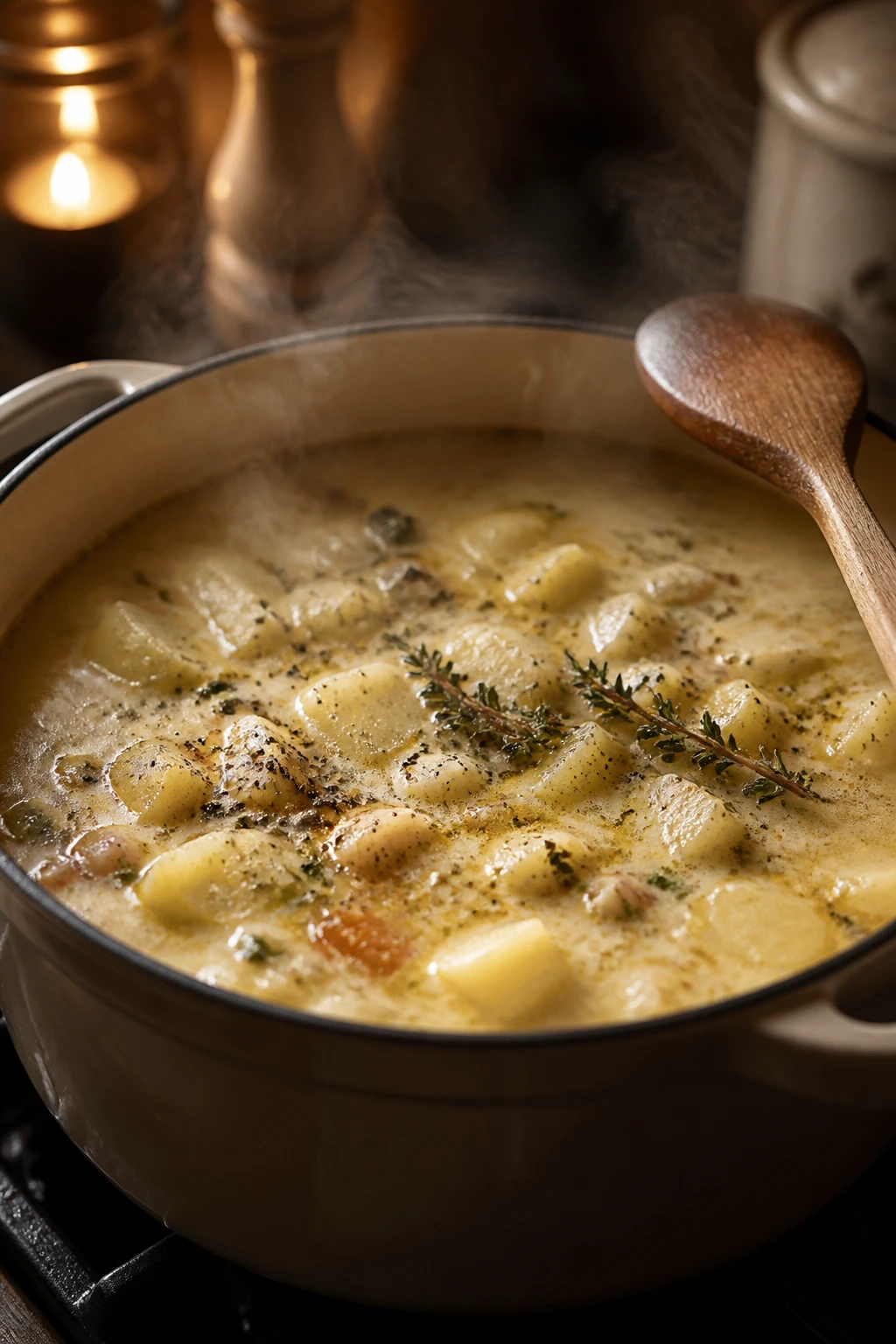 Close-up of a simmering pot with steam curling over the rim
