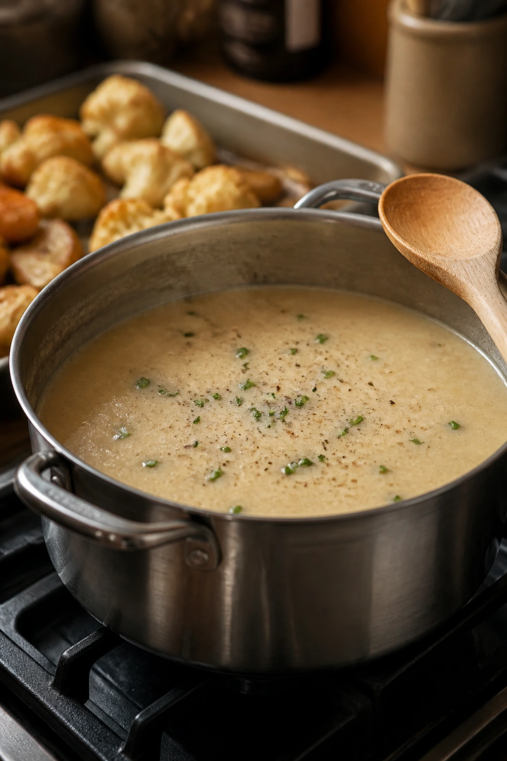 Pot of pale creamy soup on stove with steam