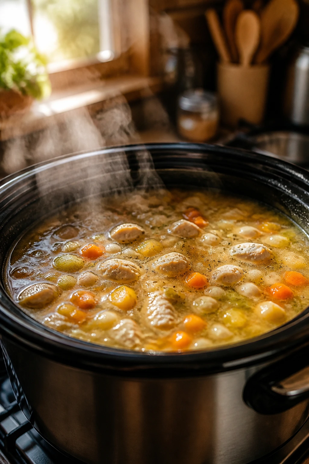 Steaming pot on stove with soup bubbling