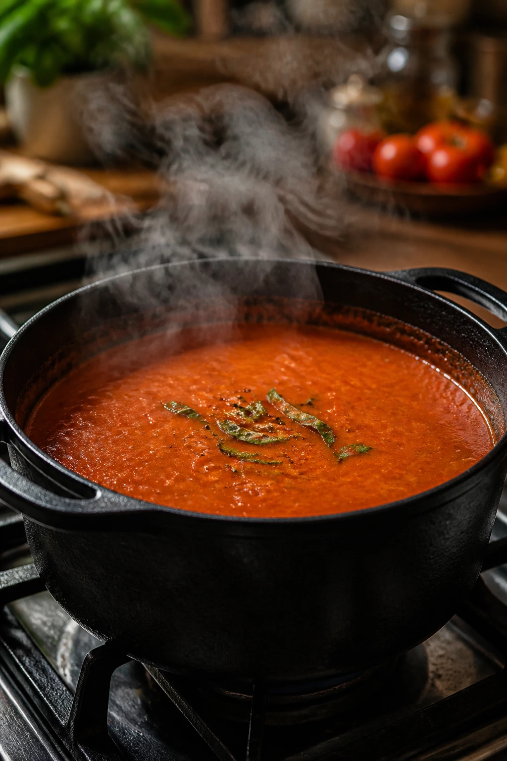 Steaming tomato soup in a pot on the stove