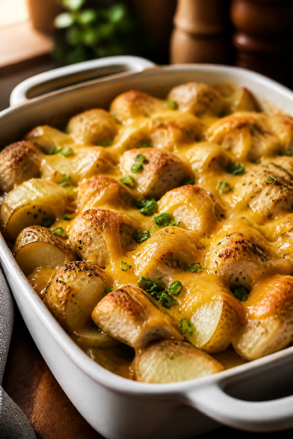Potato bake with chicken tenders and cheddar cheese