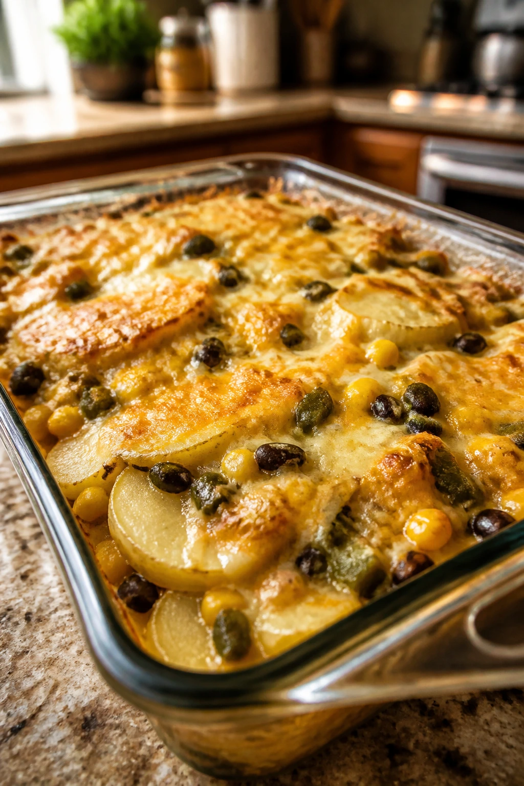 Close-up of green chili veggie potato bake with melted cheese