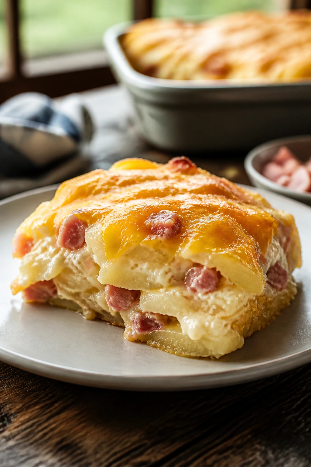 Close-up slice of ham and cheese potato bake showing layers and golden top