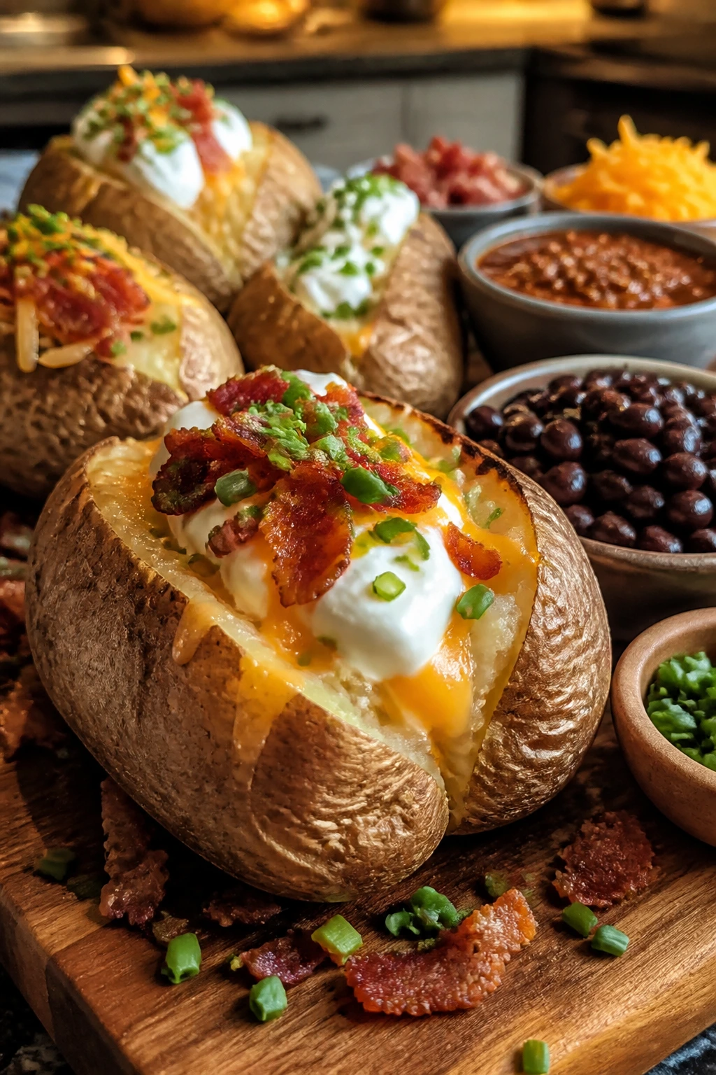 Close-up of loaded baked potatoes with toppings on a rustic board in a cozy kitchen