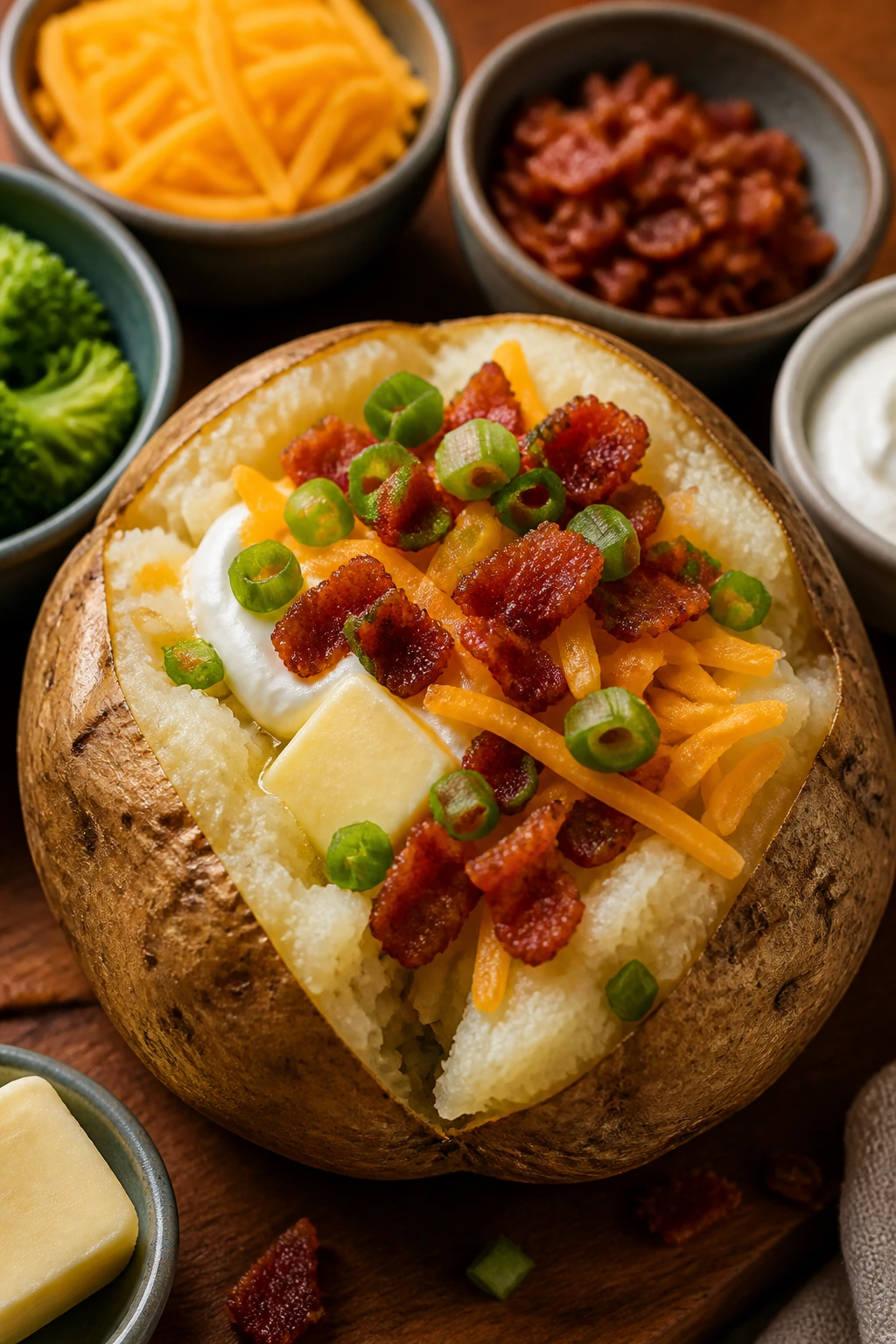 Close-up of a loaded russet potato with butter, sour cream, cheese, and bacon on a wooden board