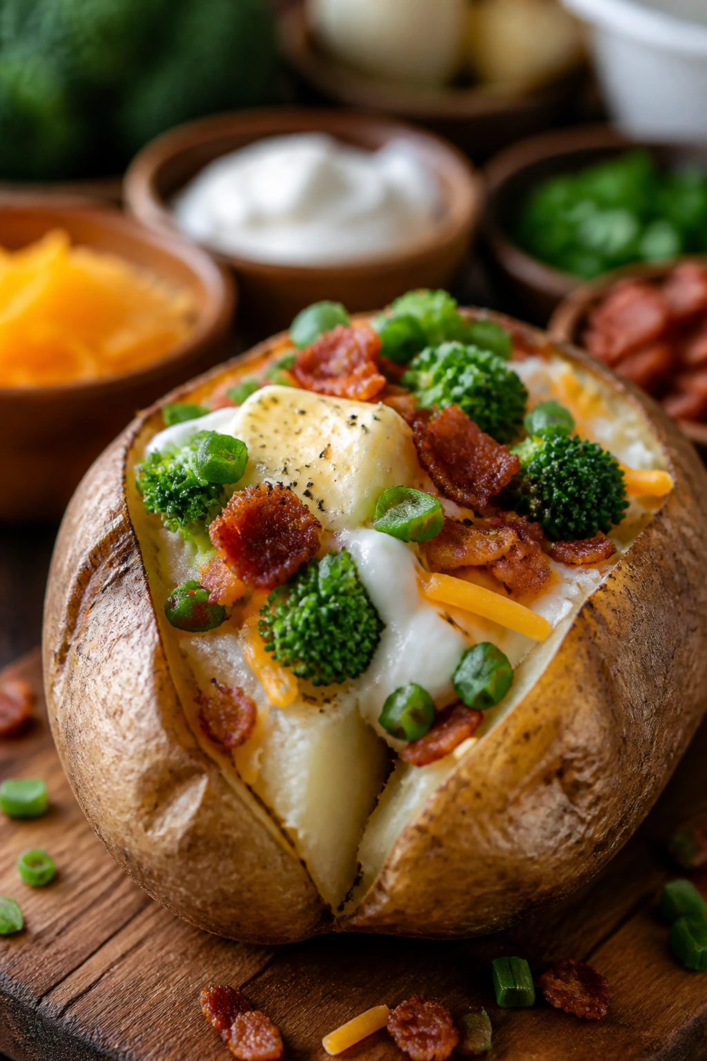 Close-up of a loaded baked potato with toppings on a wooden board