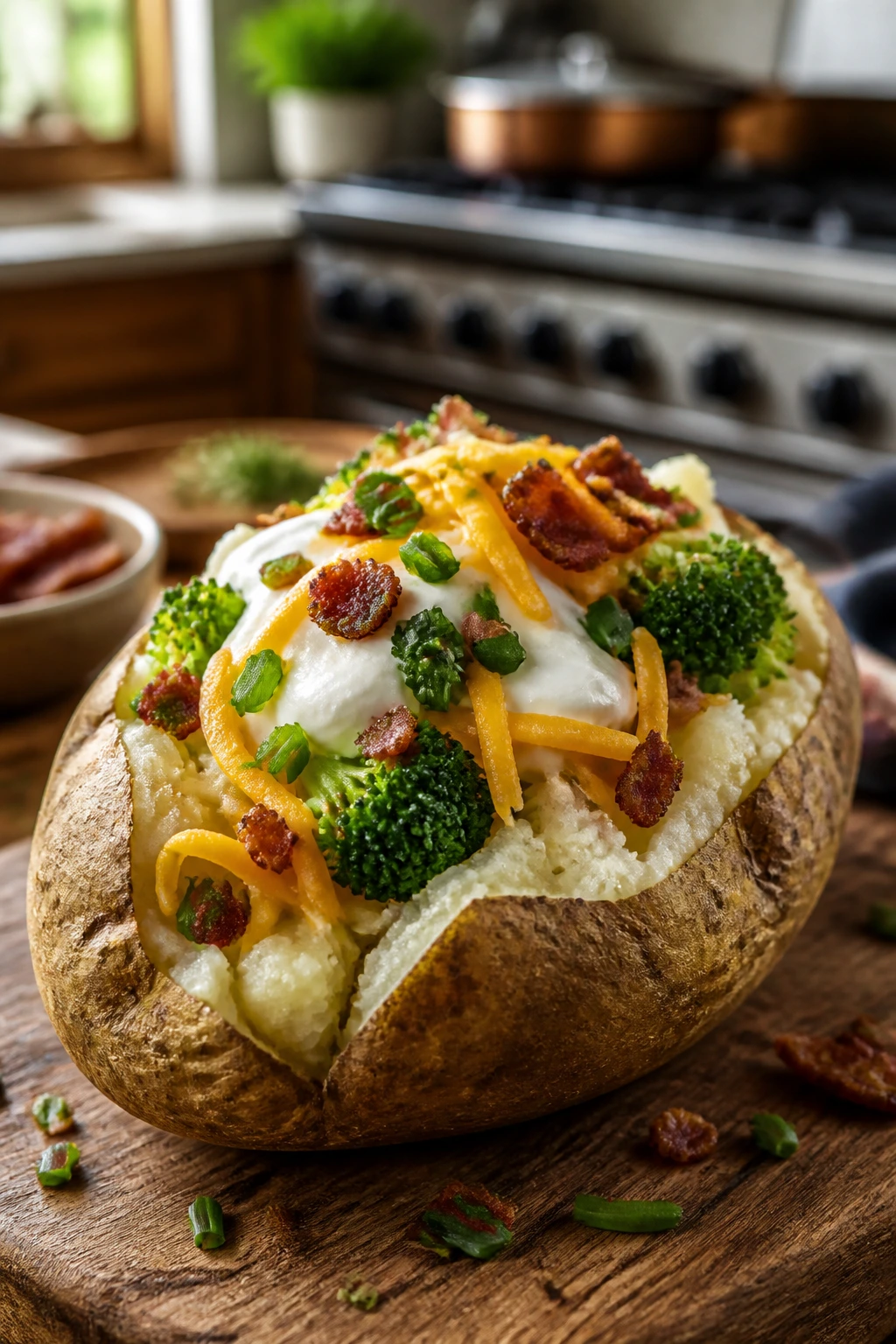 Close-up of loaded baked potato with toppings on wooden board in warm kitchen
