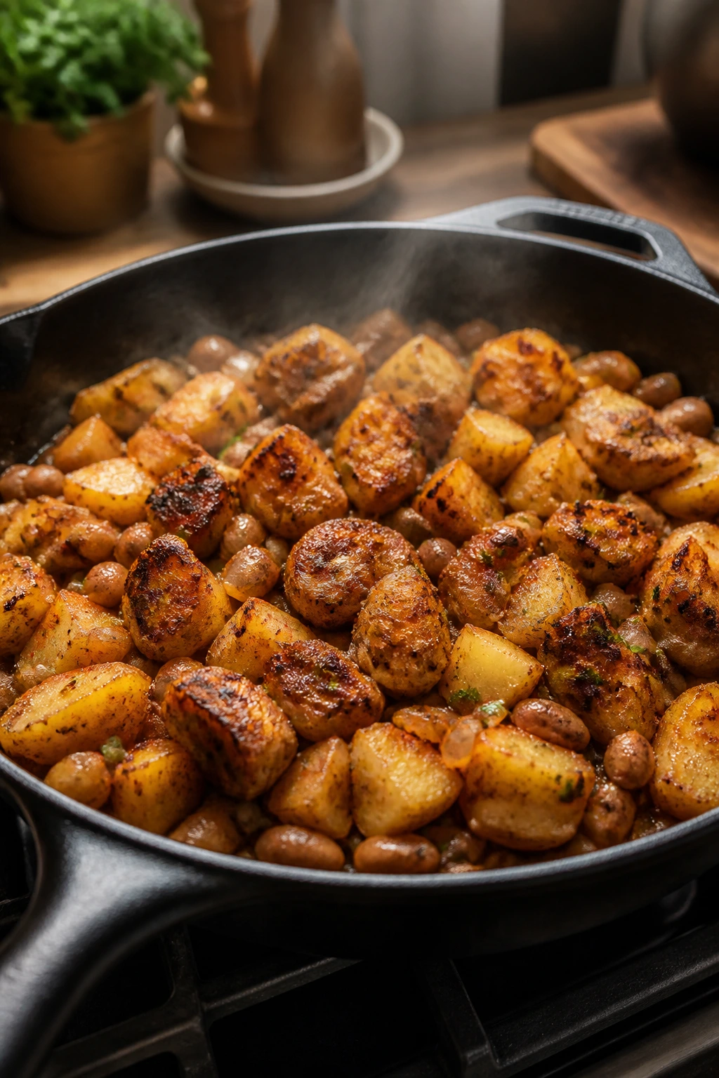 Skillet with smoky potatoes and beans in a cozy kitchen