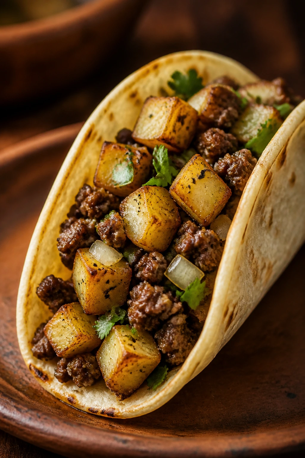 Close-up of roasted potato and beef taco with potatoes visible in tortilla