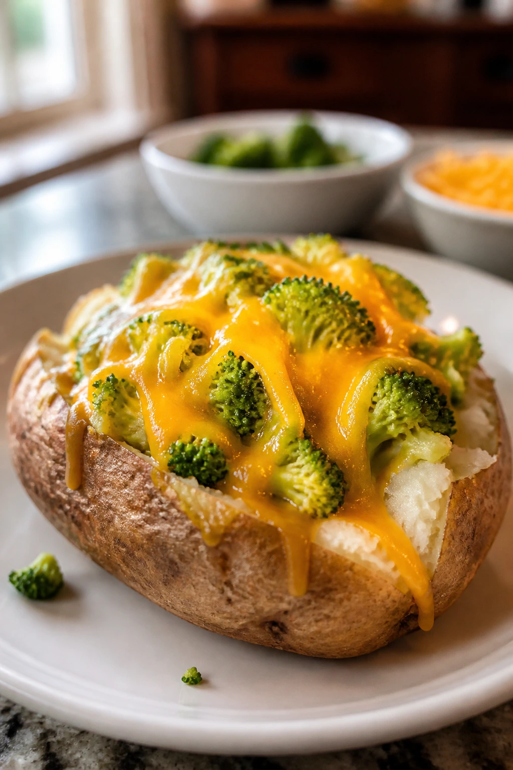 Plated baked potato split open with broccoli and cheddar
