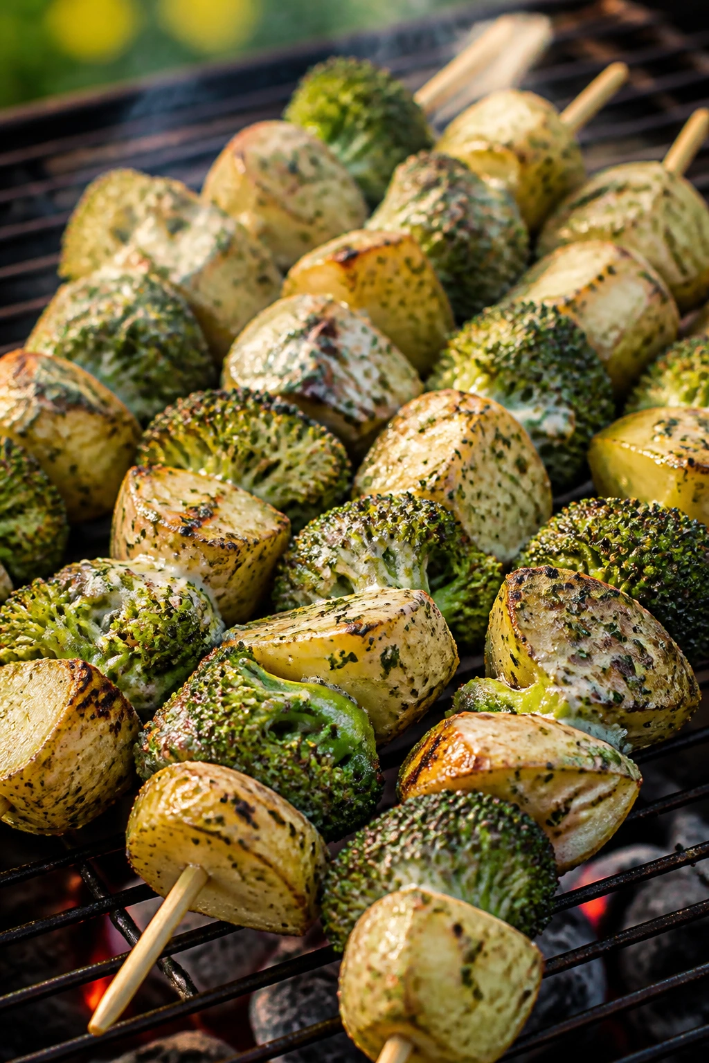 Close-up of Ranch-Seasoned Potato and Broccoli Kabobs on skewers