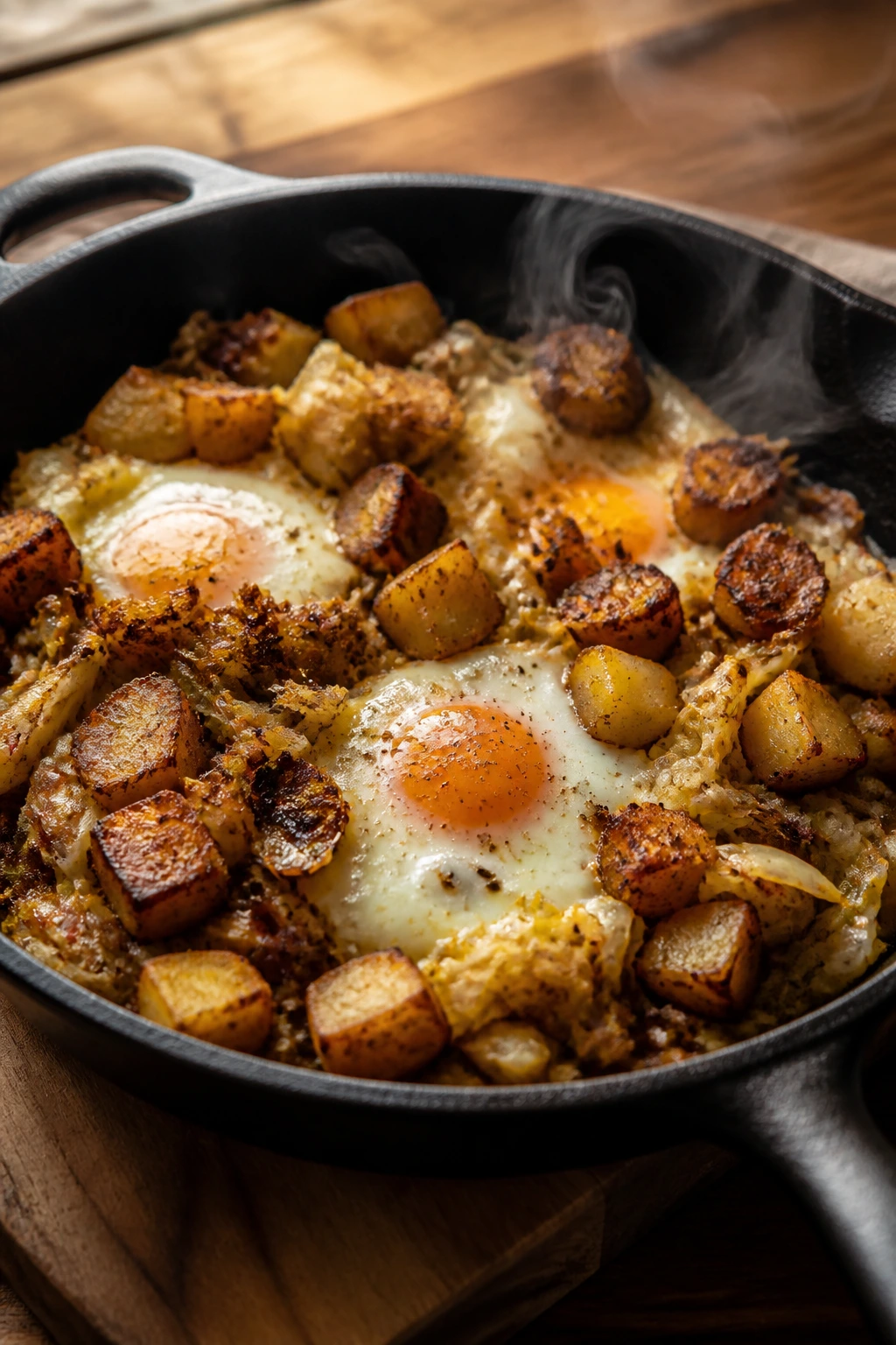 Smoky potato, cabbage and egg skillet in a warm kitchen