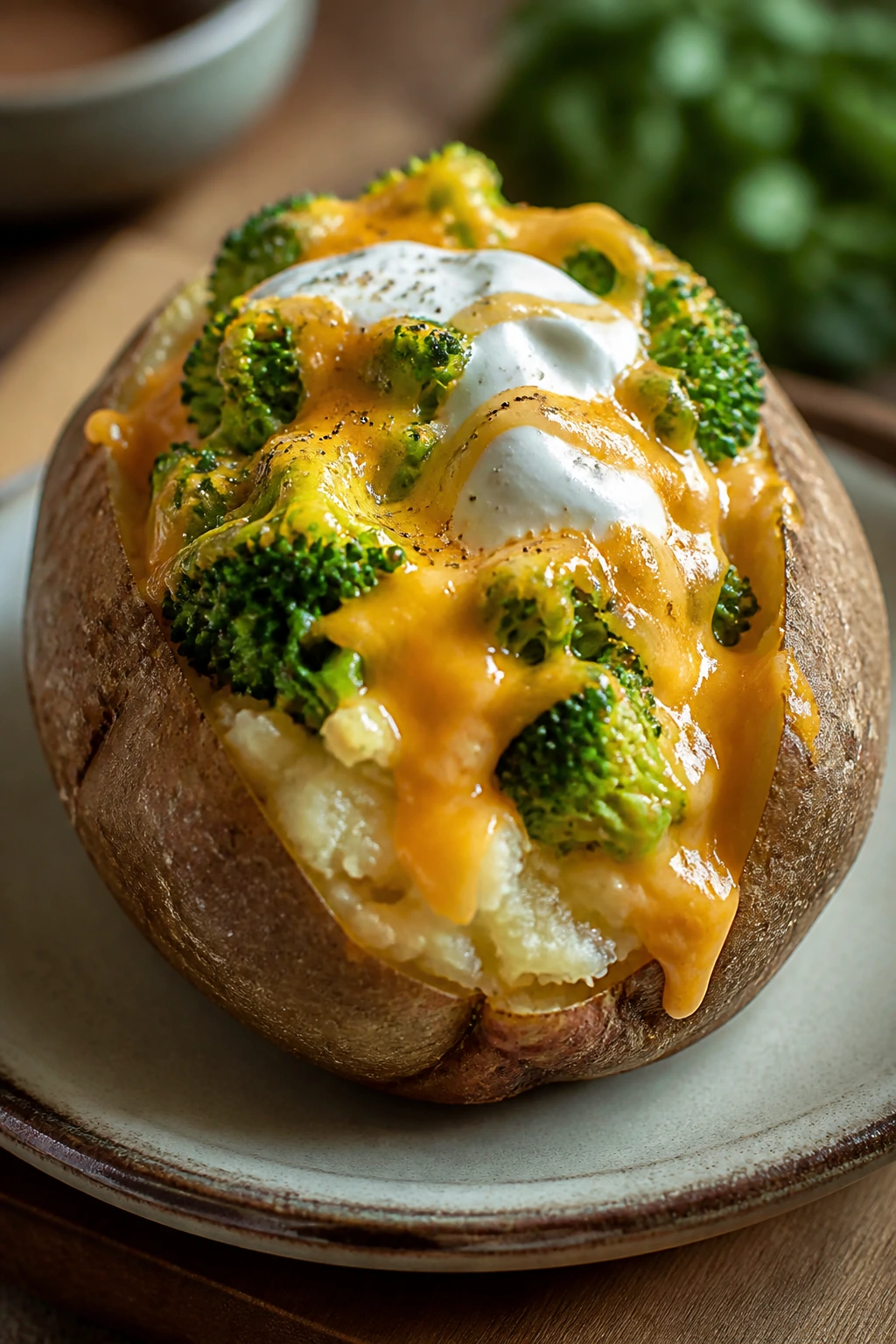 Loaded baked potato with broccoli and cheddar on a plate