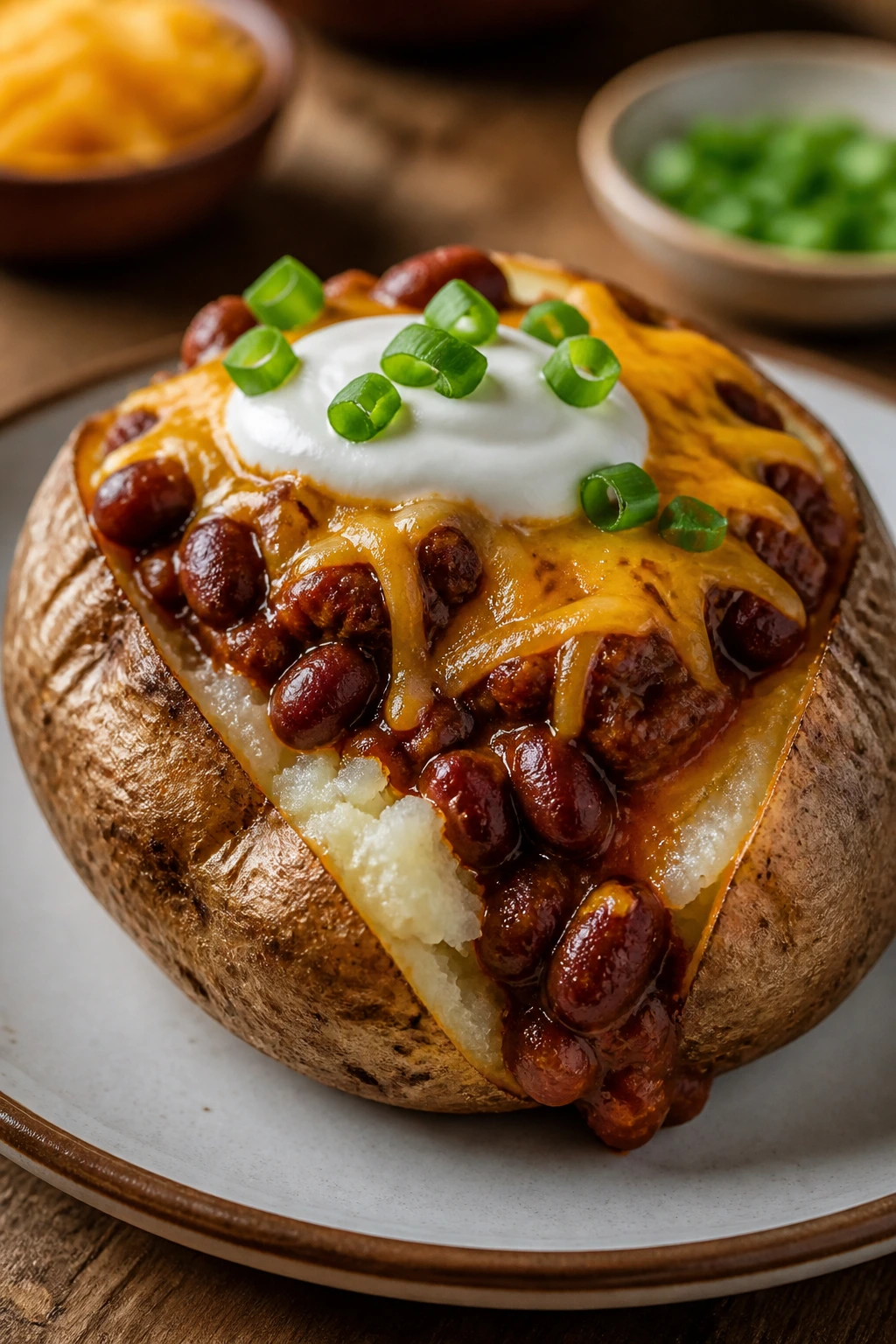 Close-up baked potato with chili beans and cheese