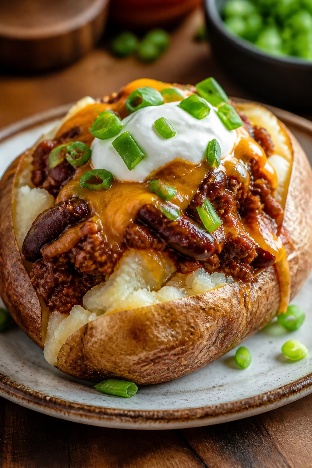 Loaded baked potato with chili and toppings on rustic plate