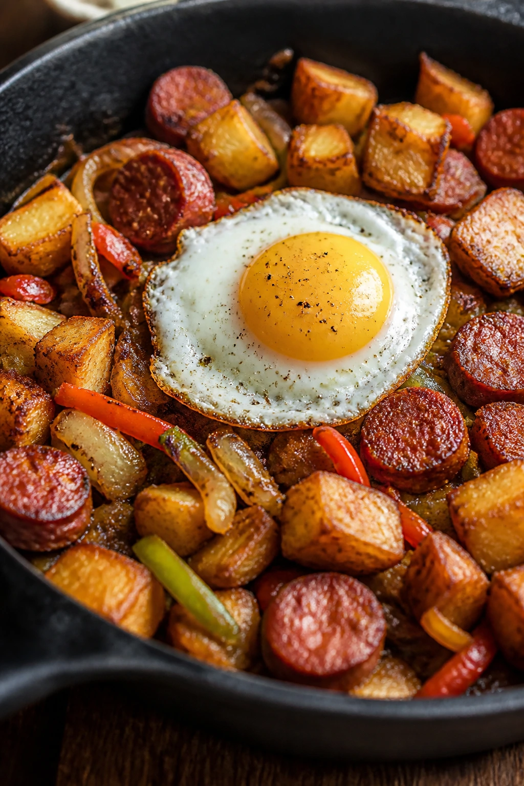 Crispy potato and chorizo hash with a sunny-side egg in a skillet.