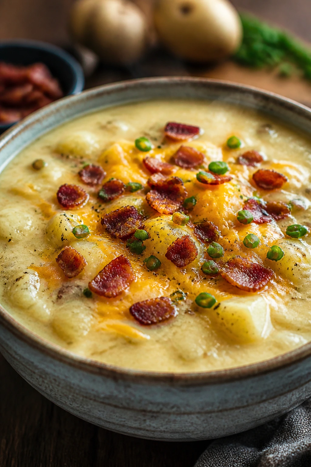 Loaded potato chowder in a bowl with bacon and cheddar