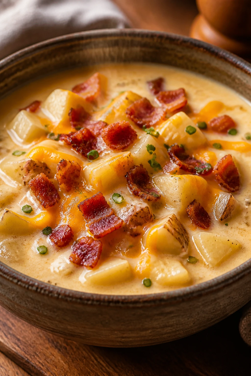Close-up of loaded baked potato chowder in a rustic bowl with cheddar and bacon.