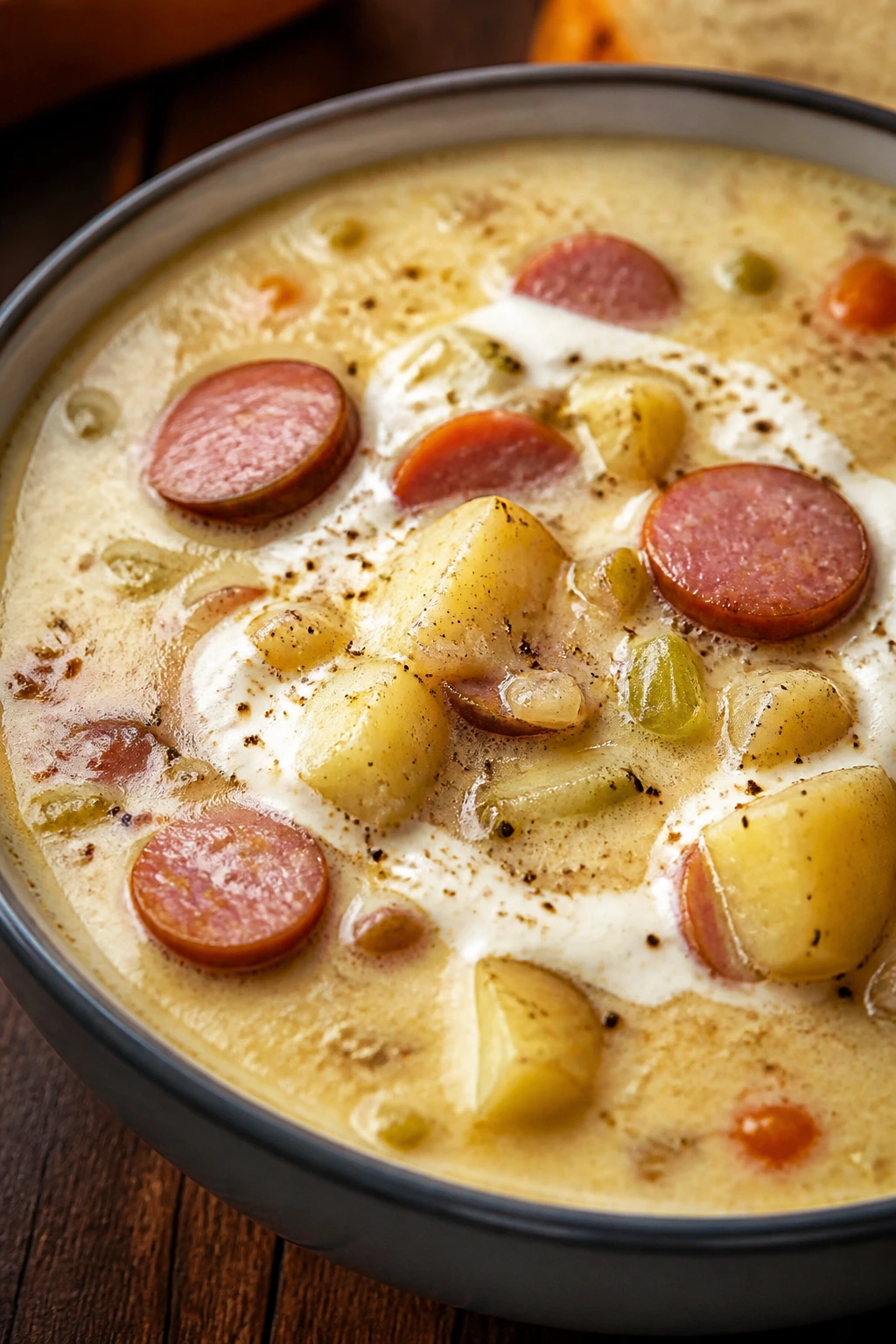 Creamy smoked sausage potato chowder in a bowl with potatoes and sausage