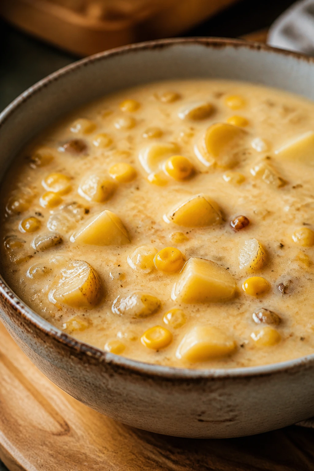 Thick potato and corn chowder in a rustic bowl on a kitchen counter