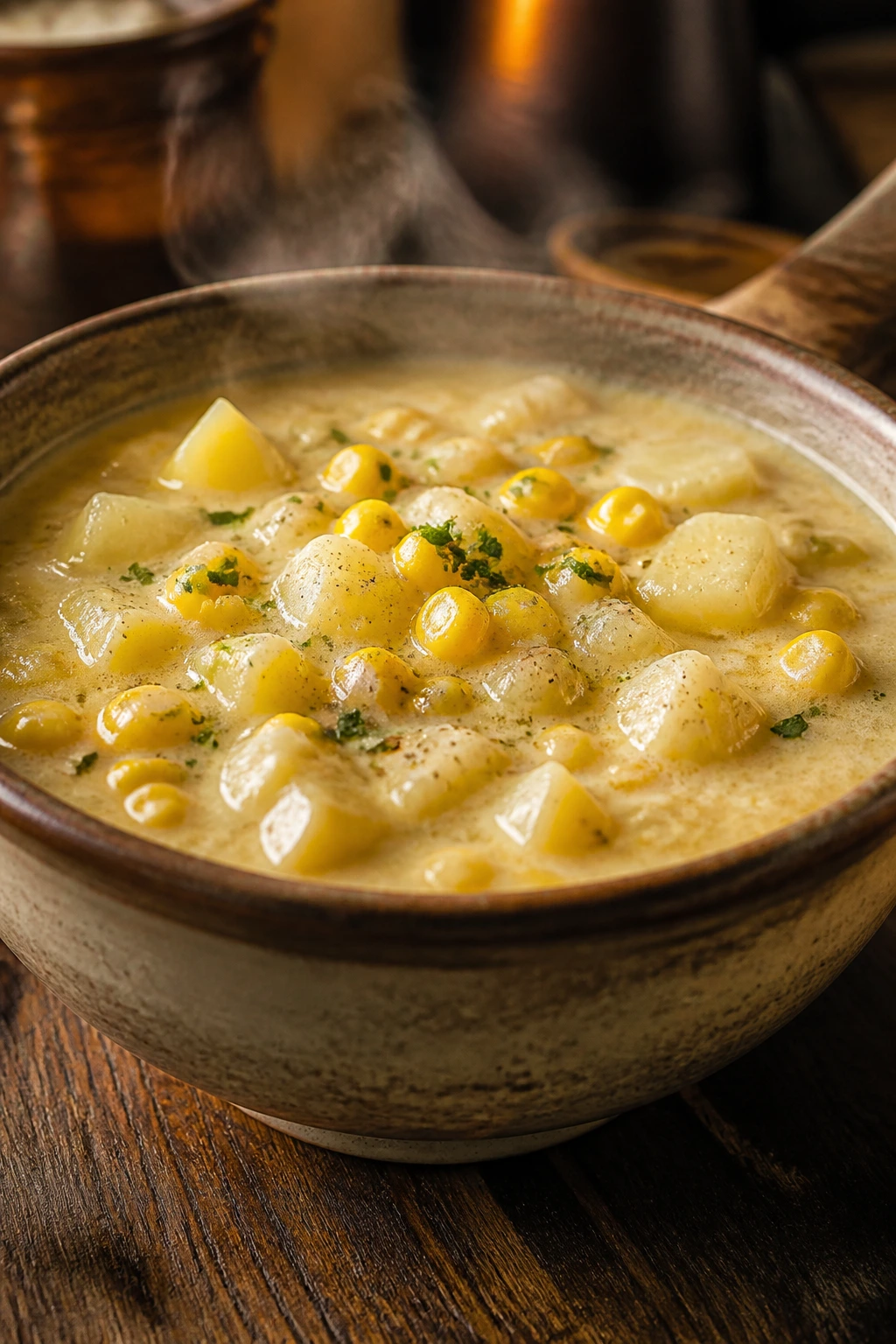 Creamy potato corn chowder in a rustic bowl with steam in a cozy kitchen