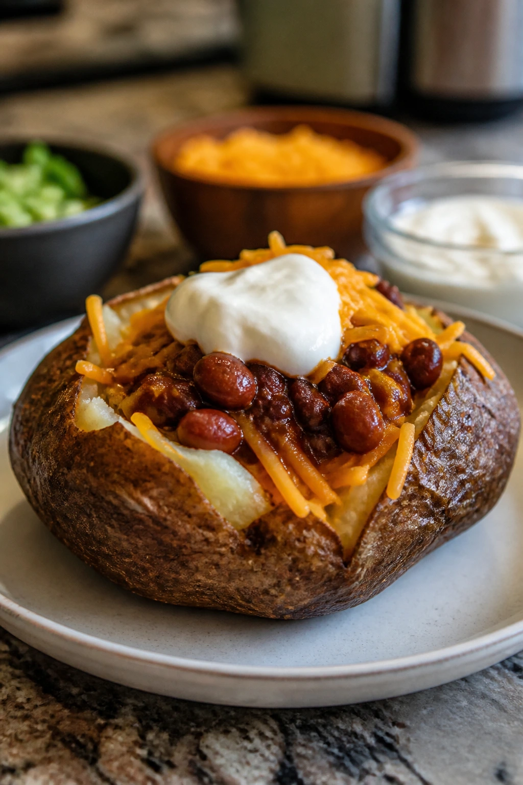 Split russet potato topped with cheese, sour cream, and beans on plate