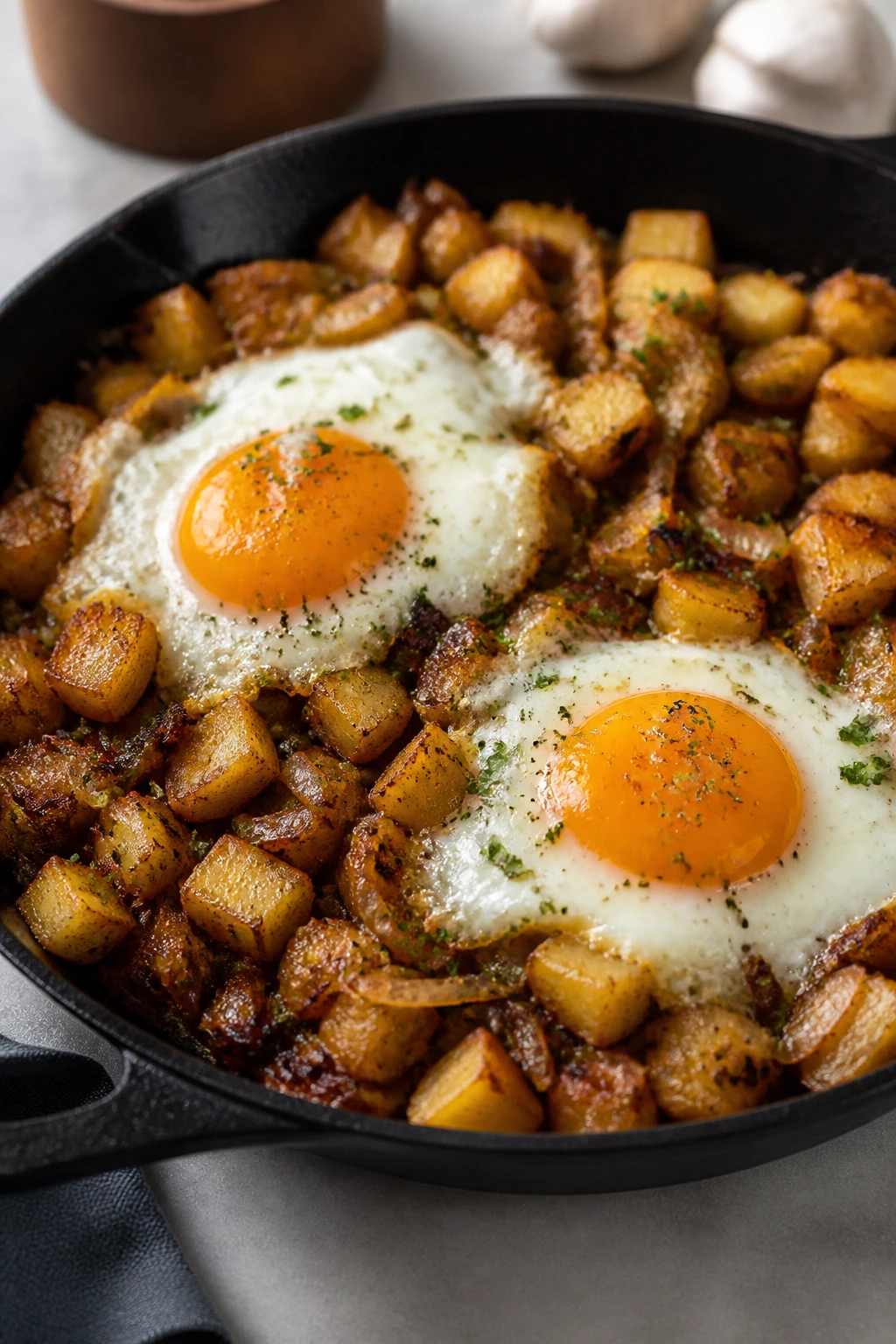 Potato and egg hash with crispy potatoes and eggs in a skillet