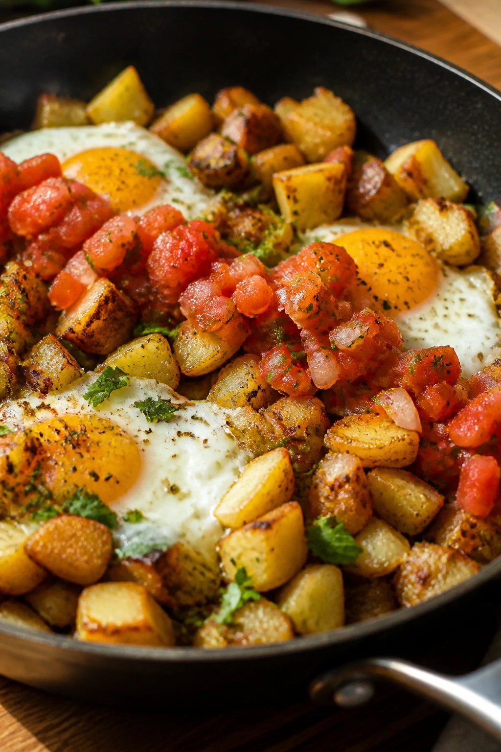 Skillet potato and egg hash with salsa on top