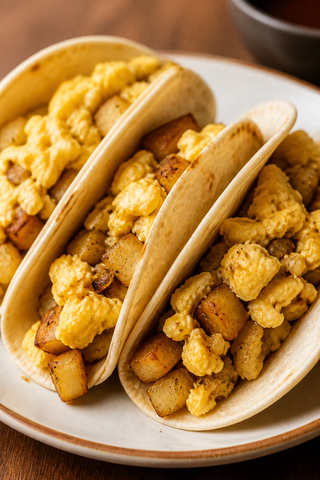 Close-up of potato and egg tacos on a plate