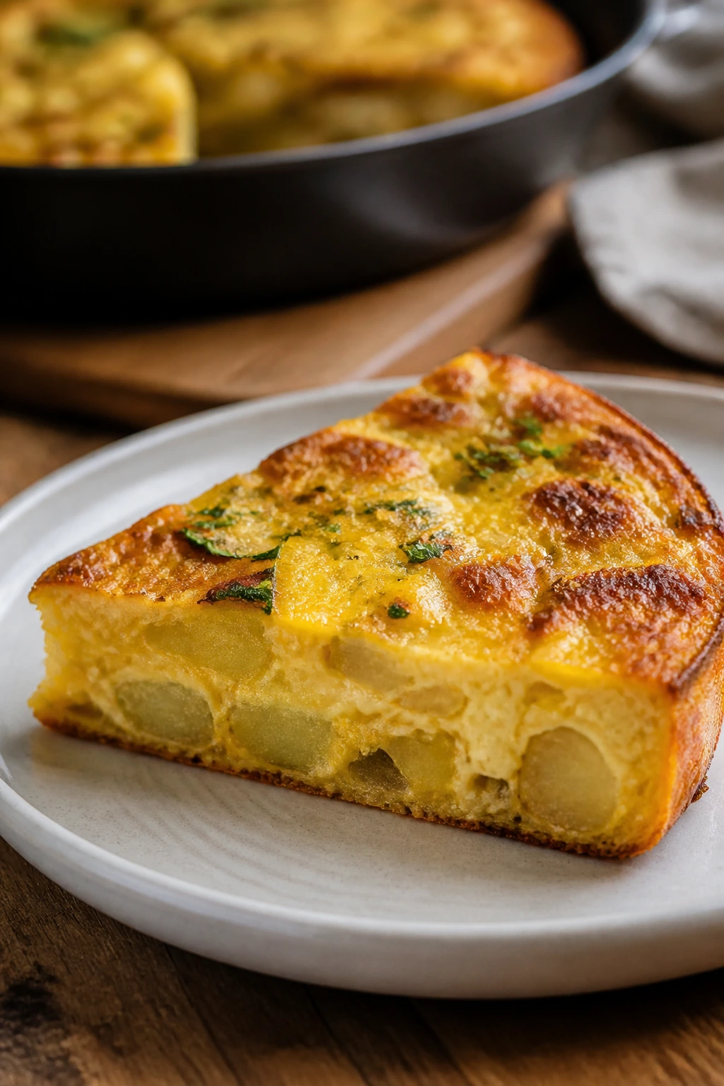 Potato frittata wedge on a plate in a cozy kitchen